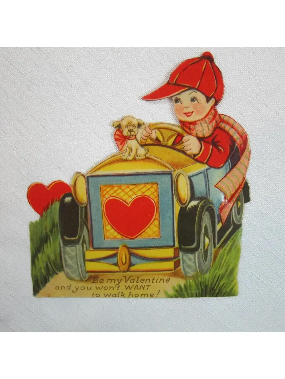 Vintage Valentine Die Cut Boy Driving with Puppy Dog Stand Up Germany 1920s-30s